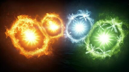 Wall Mural - A glowing cosmic display features vibrant energy spheres in orange, blue, and green hues, set against a dark, starry backdrop