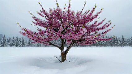 Wall Mural - there is a tree that is in the snow with pink flowers