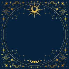 Wall Mural - vector gold frame with sun, stars, crescents and a copy space. banner with an elegant border and a p