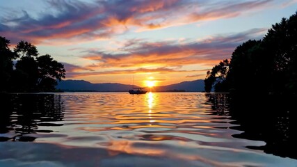 Wall Mural - sunset over a lake with a boat in the water and trees in the foreground