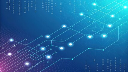 Digital network connections with glowing nodes and binary code on a blue background