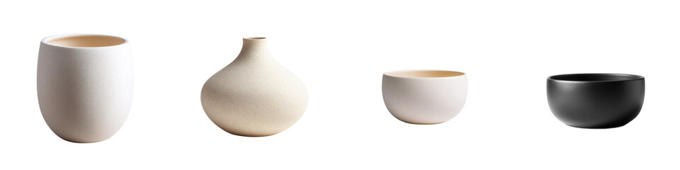 Four ceramic vases and cups in neutral tones isolated on transparent background