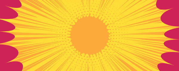 Wall Mural - abstract sunburst comic background with yellow flowers and bright summer rays