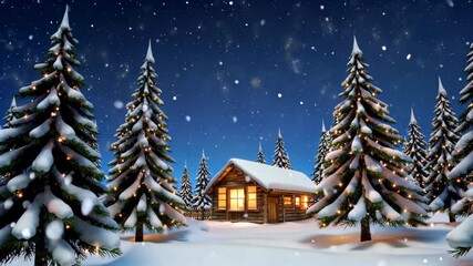 Wall Mural - snowy cabin in the woods with christmas lights on