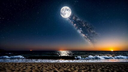 Wall Mural - arafed view of a beach with a full moon and a beach