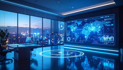AI-powered virtual assistant projecting dynamic 3D data visualizations, clean tech-forward design, ambient lighting