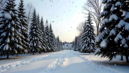 Wall Mural - snowy trees line a path in a park with snow falling