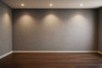 Wall Mural - empty modern interior room with wooden floor and blank gray wall illuminated by ceiling lights, perf