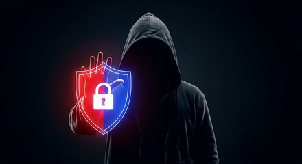 Anonymous figure in hoodie holding shield with padlock in dark background security concept image