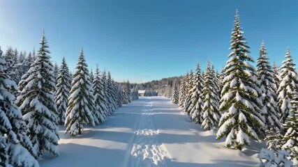 Wall Mural - arafed view of a snowy path with trees and a blue sky