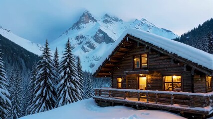 Wall Mural - snowy cabin in the mountains with a mountain view at dusk