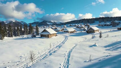 Wall Mural - there is a snow covered mountain with a small village in the background