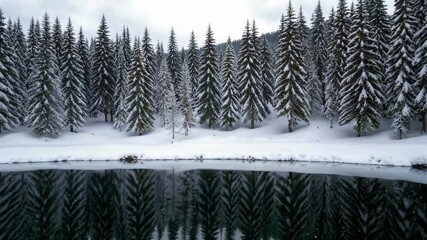 Wall Mural - trees are covered in snow next to a lake in the middle of a forest
