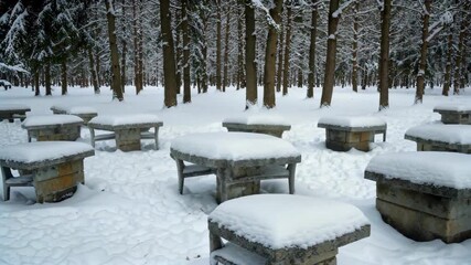 Wall Mural - there are many benches covered in snow in a snowy forest