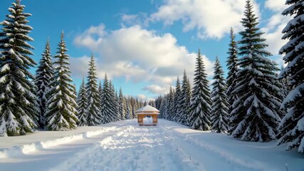 Wall Mural - snowy path with a gazebo in the middle of a forest
