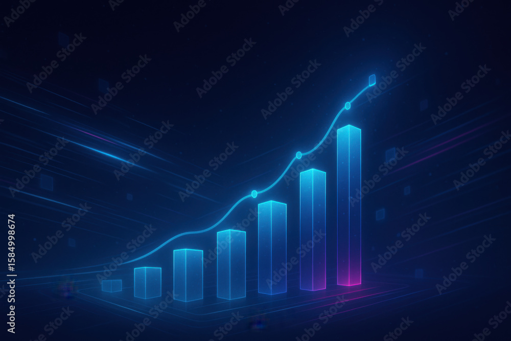 Futuristic data visualization with glowing bar graphs representing growth and progress in digital space. vibrant colors and sleek design evoke sense of innovation and technology