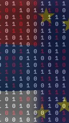 Wall Mural - animation of binary code overlaying flag colors with stars, symbolizing digital data