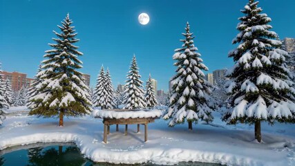 Wall Mural - snowy trees and a pond in a park with a full moon