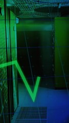 Wall Mural - green line graph animation over server room with blue lighting