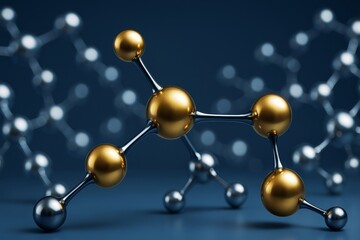 Wall Mural - abstract molecular structure with golden and silver spheres connected by rods on a dark blue backgro