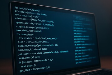 Wall Mural - close-up of a laptop screen displaying blue code lines in a dark room, focused on programming and de