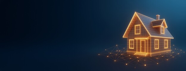 Wall Mural - futuristic glowing house model made of digital grid lines with network nodes on dark blue background