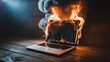 © AucArtStudio - Heat stroke. Burning laptop fire smoke damaged wooden table overheating danger dramatic scene,sunstroke,exhaustion,hot weather,heat summer,sun exposure,dehydration in high temperature overheating