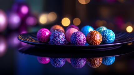 Wall Mural - colorful decorative balls laid out on a black plate. the intricate textures shine in a soft light. a