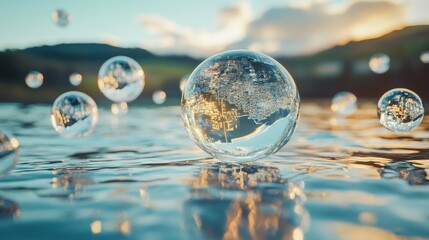 Wall Mural - The beauty of nature captured in crystal-like bubbles reflecting the landscape. This image evokes calm and clarity. A serene view of water and light. Generative AI