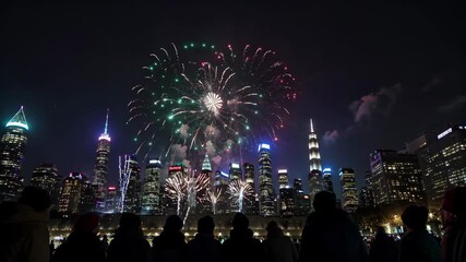 Wall Mural - fireworks in the sky over a city with a large city skyline