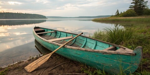 Naklejka na meble Turquoise Boat on Lake Shore at Dawn, Tranquil ,Nature
