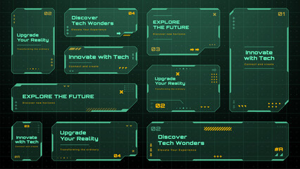 Wall Mural - futuristic hud vector graphics with green retro colors. set of abstract geometric shapes and user in