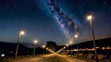 Wall Mural - starry night sky with a long road and street lights