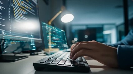 Person coding on computer at night close up