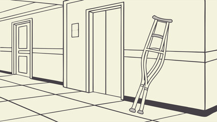 Hospital corridor with elevator and crutches.