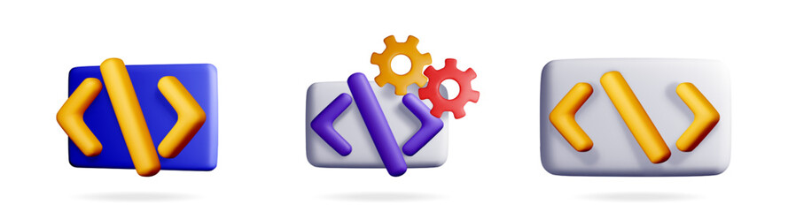 A set of 3d vector illustrations of code and programming icons. Digital technology symbol collection with gear settings for app development concept.
