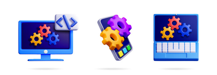 Software development 3d vector render collection with computer, phone, laptop and gear icons. Coding and programming concept for app.