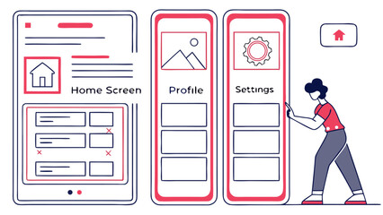 Illustration showing a mobile application interface with home screen profile settings and a user interacting with it