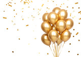 Shiny metallic gold balloons with scattered golden confetti celebration
