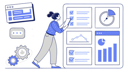 Woman interacting with a dashboard interface displaying charts and data visualization elements on a screen