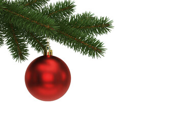 Wall Mural - A single red christmas ornament hangs from a green pine tree branch, isolated on transparent background