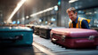 © Old Man Stocker - Airport Baggage Handler Managing Luggage on Conveyor Belt in Busy Terminal While Wearing Safety Vest and Smiling at Work Environment