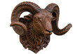 © stock.metket.com - A carved wooden rams head with large, curled horns and an ornate base isolated on transparent background
