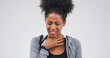 © Andrew G/peopleimages.com - Upset, sick or black woman with itchy throat on studio space for cold, sore voice or virus symptoms. Dry, choke or person on white background with flu allergy, thyroid inflammation or neck injury