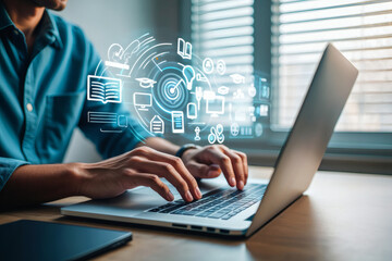 typing on laptop for business strategy digital transformation, innovation, online education and tech