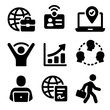 © Galina - Future of Work Icons. Solid style icons of future of work mobility: globe with briefcase, smart remote badge, anywhere job symbol,