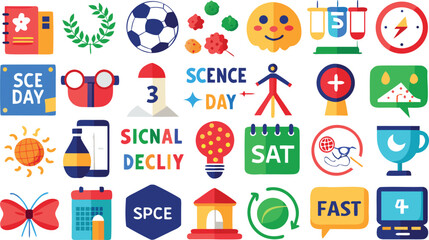  Collection of colorful, flat design icons representing various school subjects and activities.