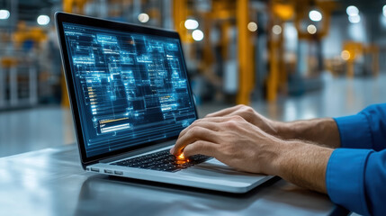 High tech interface displaying diagnostics on laptop hands typing industrial background