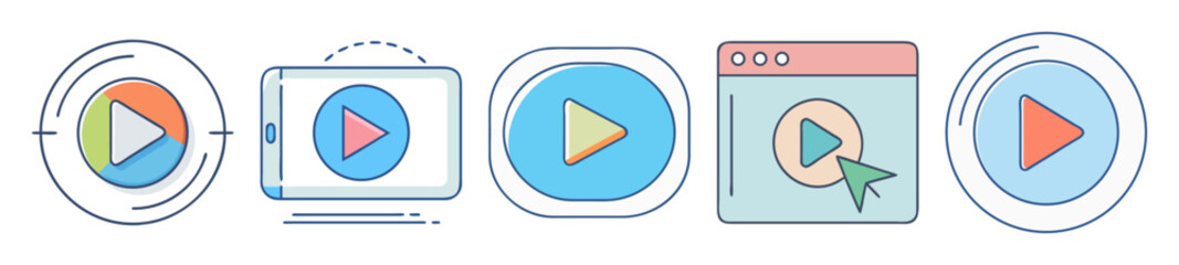 Stylized collection of play button icons with different color schemes and styles