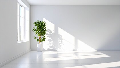 Wall Mural - _minimalist white room interior with potted plant and sunlight shadow.